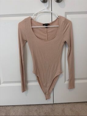 Forever 21 Ribbed Long-Sleeve Scoop Neck Bodysuit - Beige